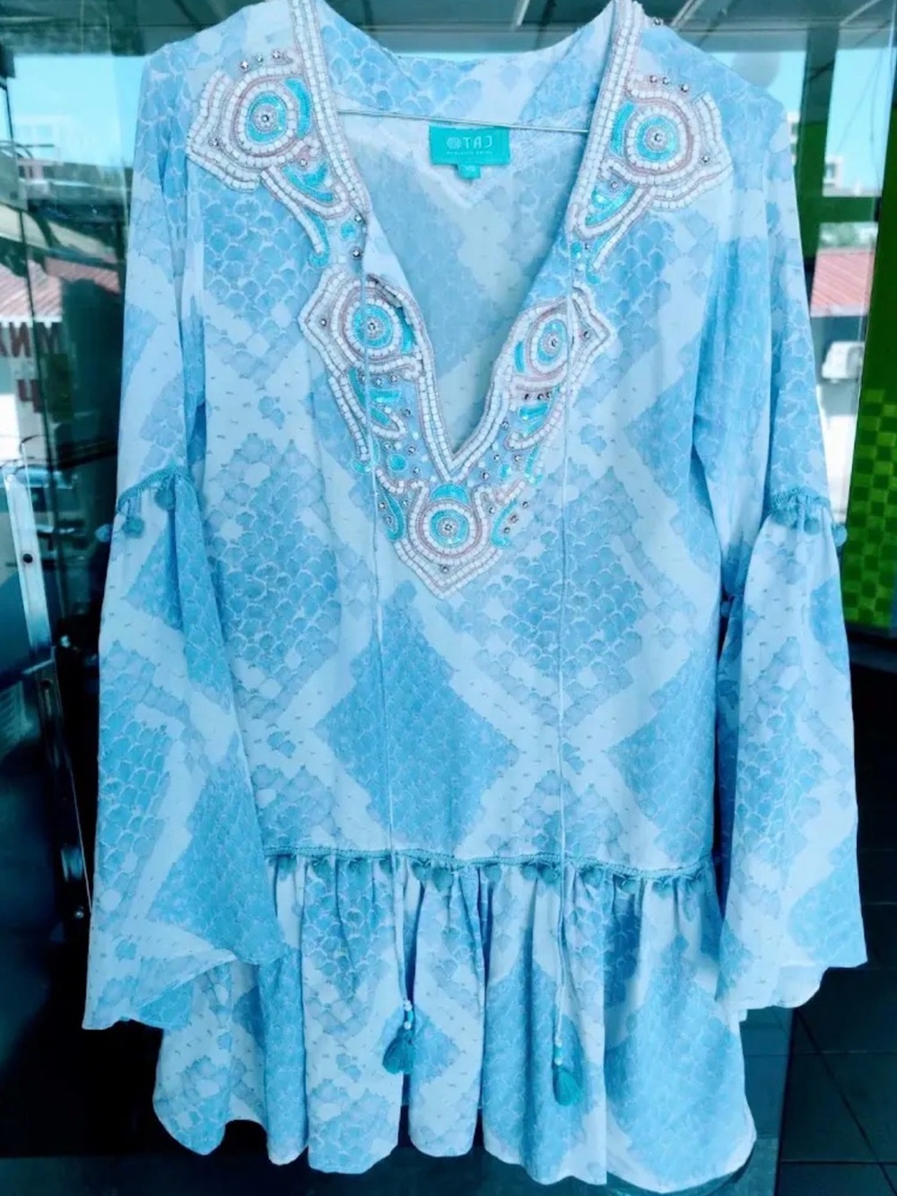 TAJ by Sabrina Crippa Blue Snakeskin Beaded Embellished Resort Tunic Top XS